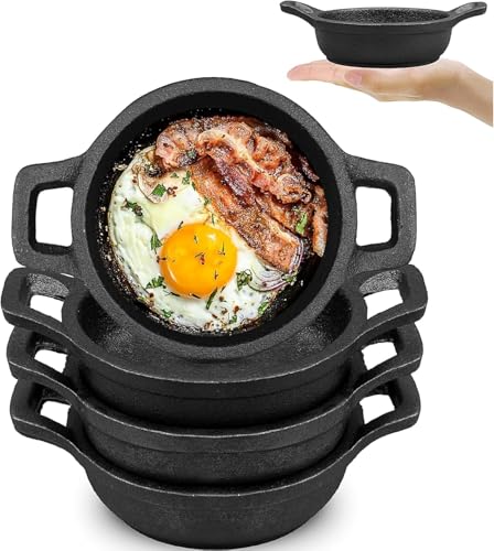 Lot de 4 Mini Poêles en Fonte pour le Service, Petite Casserole en Fonte de 11 cm avec Poignée, Poêle Peu Profonde Compatible Four pour Œufs, Gratins, Tapas, Curry et Viande, Noire