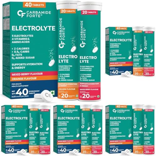 Image of Carbamide Forte Electrolyte Effervescent Tablet | Electrolyte Supplement for Sustained Energy & Hydration with 5 Essential Electrolytes, No sugar + 4 Vitamins & Amino Acids | Pack of 100 Tablets x 2