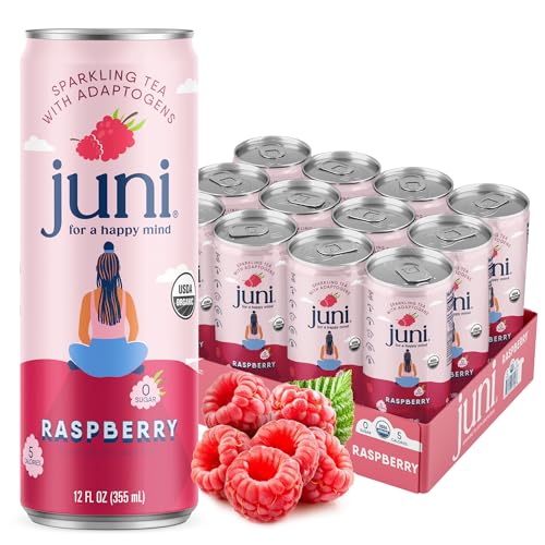 Juni Sparkling Adaptogen Drink with Ashwagandha, Lion’s Mane & Reishi Mushrooms | Green Tea for Focus, Zero Sugar, 5 Calories, Organic | Non Alcoholic Drinks - Raspberry 12 pack