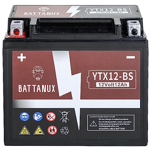 Battanux YTX12 BS Batería Moto 12V 12Ah AGM – Alta Capacidad, Sin Mantenimiento, Antifugas, Lista para Usar para Moto, ATV y UTV