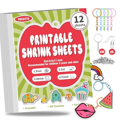 Yncotte 12Pcs Printable Shrink Paper, Plastic Shrinky Dink Sheets Set with Key Rings & Earring Accessories for Kids Easter Ornaments Mother’s Day Gifts DIY Art (8.5x11, 6 Semi-Transparent-6 White)