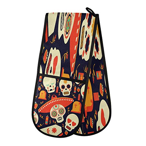 AUUXVA BIGJOKE Gant de four double matelassé en coton avec tête de mort en sucre mexicain imprimé chatons de four résistants à la chaleur pour barbecue, barbecue et poêles