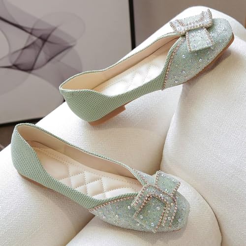 Image of SAILING LU Women's Rhinestone Square Toe Bowknots Ballet Flats Loafers