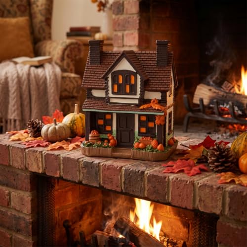 Casa de calabaza de otoño rústica con luz decorativa tenue 8