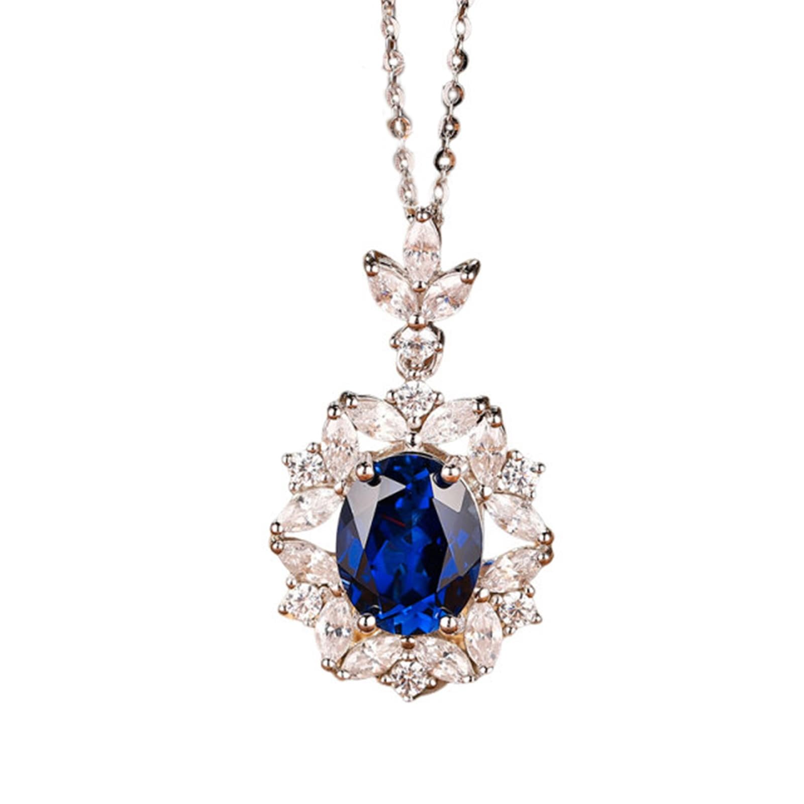 Epinki 9K/14K/18K białe złoto damski łańcuszek prawdziwa biżuteria, wisiorek kwiatowy, naszyjnik damski, naszyjnik laboratoryjny, szafir, 3,7 ct (szlif owalny, niebieski), złoty naszyjnik damski