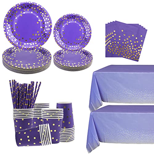 Ywediim Juego de vajilla de Fiesta Morado y Dorado, Platos, Tazas, servilletas, pancartas, manteles, pajitas, para Bodas, Fiestas de cumpleaños, Aniversarios, Baby Shower, Sirve para 25 Invitados