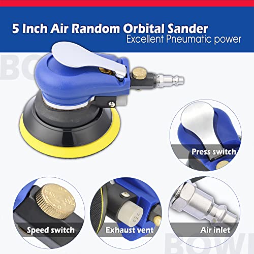 Image of 5 Inch Air Random Orbital Sander, Pneumatic Palm Sander tool with 10 Pcs Sandpapers, Air Sanders For Auto Body Work By Bowd