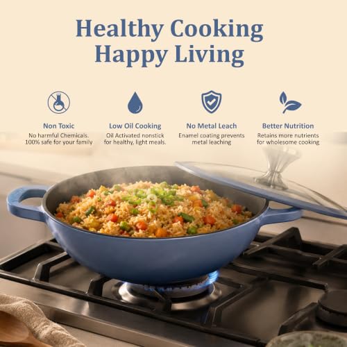 Image of Vinod Freya Cast Iron Deep Kadai with Glass Lid, 22 cm 1.9L | TREON Technology Enamel Kadhai for Frying, Sabzi, Curry & Cooking | No Seasoning Required | Induction & Gas Compatible | 100% Non-Toxic