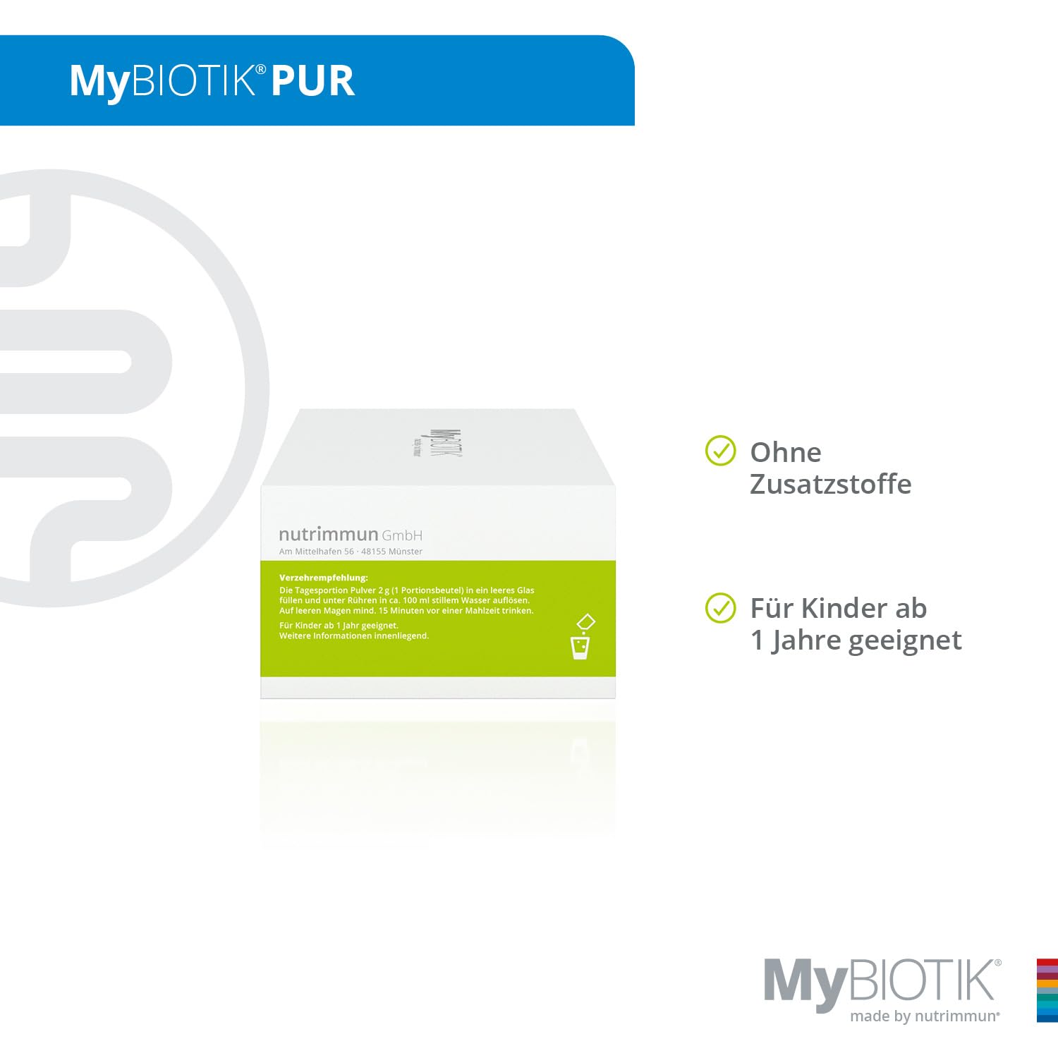 MyBIOTIK®PUR I made by nutrimmun I Für 90 Tage I 6 aktive Bakterienkulturen I Ausgewiesene Stammspezifität I Vitamin B2 I Biotin I Pulver I Vegan I Glutenfrei I Laktosefrei I Laborgeprüft