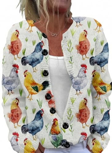 Plus Size Cartoon Chicken Cardigan Womens Farm Print Button Down Sweater Soft Round Neck Pullover for Fall Winter (XX-Large) Multi