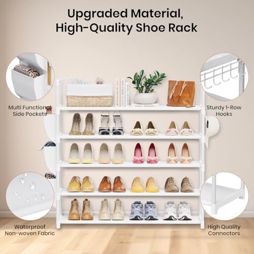 Image of VILICK Shoe Rack for Closet Shoe Organizer Space Saver Storage for 20-25 Pair Shoe Shelf with Hook and Side Pocket Free Standing 5 Tier Shoe Rack Organizer for Entryway,Small Spaces, White