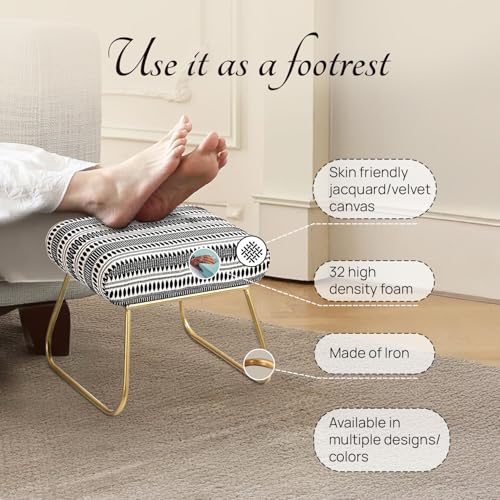 Image of nestroots Ottoman Stool for Living Room | Metallic Stools for Sitting, Bedroom Pouffes, Side Table | 14.5 Inch Height, Black & White 2 Leg Design | Stylish & Durable Footrest Stool for Home