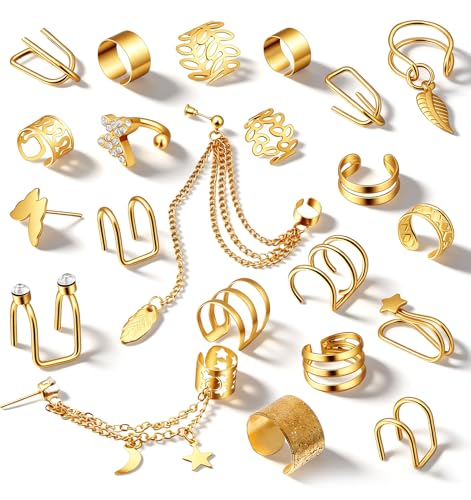 22 Pcs Gold Ear Cuffs Non Piercing, Lightweight Adjustable Clip On Earrings Fake Piercing, Skin-Friendly Cartilage Butterfly Chain Twist Helix Leaf Wrap Earrings Set, Trendy Jewelry for Women