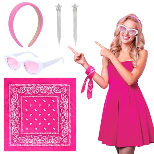 LOHAME Disfraz de Niñas Rosa Niñas Disfraz Rosa Dress Up Disfraz de Vaquera de Niña Accesorios Kit Rosa Vestido de Vaquera Niña para Disfraz Carnaval Enmascarada Cosplay