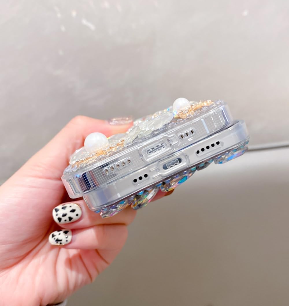 for iPhone 16 Pro Max Bling Case with Wrist Strap for Women Girls Luxury 3D Glitter Diamond Crystal Rhinestone Sparkle Shiny Gemstone Perfume Bottle and Flower Cover Soft TPU Bumper - Image 6