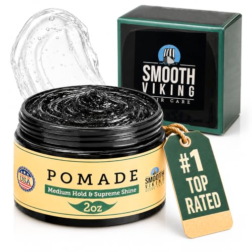 Smooth Viking Medium Hold &amp; High Shine Pomade - Water Based Hair Cream for Curly, Thick &amp; Straight Hair - Men's Hair Product - Made in USA, 2oz