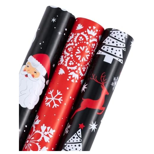 RUSPEPA Rollo De Papel De Regalo Navideño - Mini Rollo - 3 Rollos - 43,2 Cm X 3 M Por Rollo - Colección Navideña De Papá Noel Jolly Negro, Copo De Nieve, Reno Y Árbol De Navidad