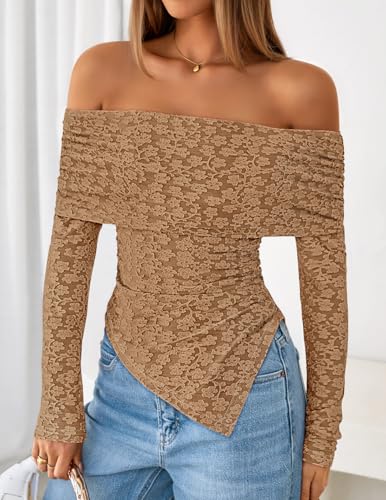 ZESICA Women's Fall Floral Off Shoulder Tops 2025 Mesh Long Sleeve Shirts Asymmetrical Ruched Tee Blouses Trendy Outfits2