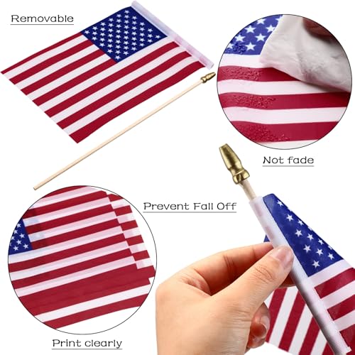 Image of Shimeyao 300 Pack 8 x 12 Inch Small American Flags on Stick, 250th Anniversary Mini Handheld Flags Stick with Solid Wooden Pole Safety Spear Tip for 4th of July Patriotic Independence Veterans Day