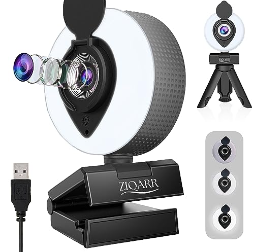 Ziqarr FHD 1080p All-in-One Webcam with Light and with Built-in Noise Reduction Microphone, Privacy Cover, Mini-Tripod and 110° Field of View for Streaming, Conferencing, Meetings and Gaming