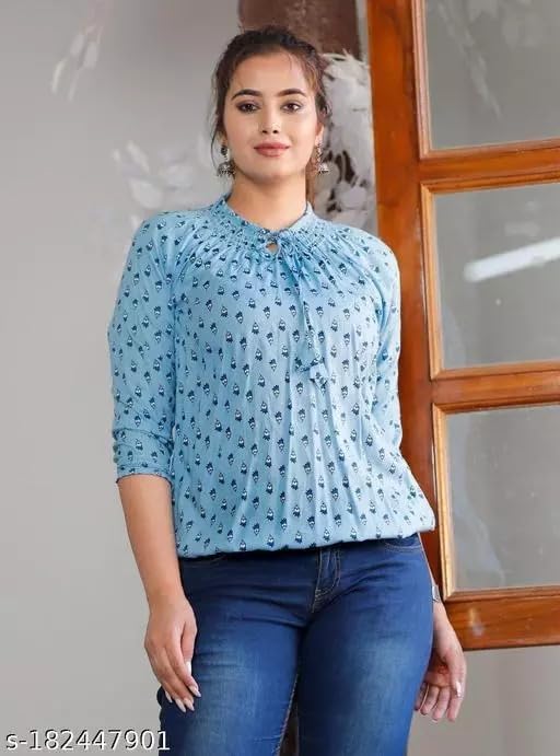 Image of Himanshi Enterprises Women's Traditional Casual 3 /4 Sleeves Mandarin Nack Rayon Floral Printed Short Kurti