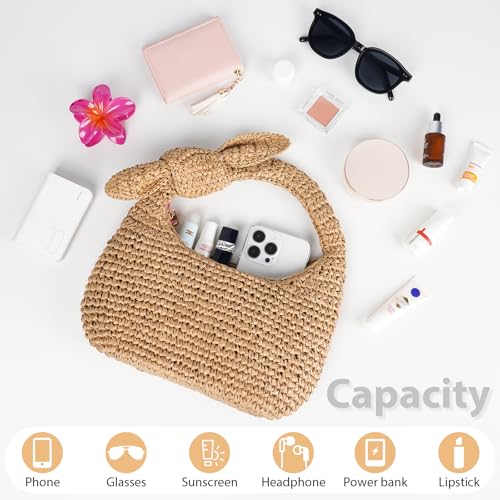 Bolso pequeño de paja tipo tote con moño y flecos miniatura 4