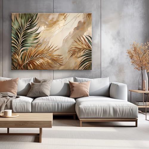Tableau Boho Plante Feuilles sur Marbre Lumineux 90x60 Feeby - 2