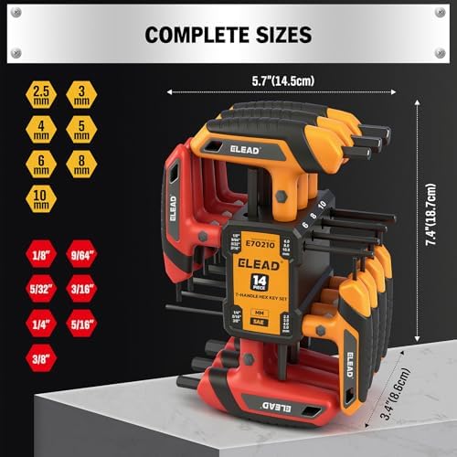 ELEAD 14-Piece T-handle Allen Wrench Set, Metric 2.5mm-10mm & SAE 1/8"-3/8" Portable Hex Key, Long Arm Allen Key Set with Storage Rack for Basic Home Repair and Mechanical Maintenance - 1
