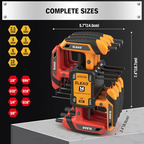 ELEAD 14-Piece T-handle Allen Wrench Set, Metric 2.5mm-10mm & SAE 1/8"-3/8" Portable Hex Key, Long Arm Allen Key Set with Storage Rack for Basic Home Repair and Mechanical Maintenance