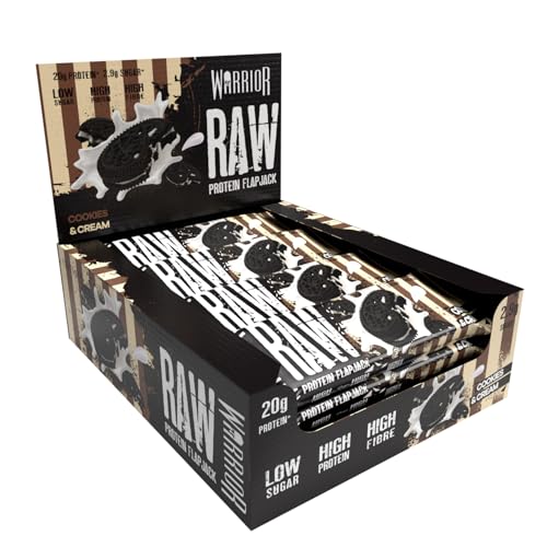 Warrior Raw Protein Flapjacks – 12 Bars x 75g Each – Packed with 20g of Protein – Low Sugar, High in Fibre (Cookies & Cream)