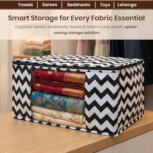 Image of Lukzer Non-Woven Zigzag Printed Saree Covers for Storage with Transparent Window & Zip - Large Set of 12 | Cloth Storage /Wardrobe Organizer for Woman Clothes /Lehengas /Dresses 45x33x20CM - (LSC-02-12)