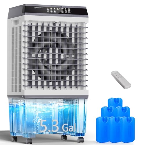 Uthfy Evaporative Air Cooler, 3-IN-1 Swamp Cooler with 5.3 Gallon Water Tank, 6 Ice Packs, Remote, 12H Timer, 120°Oscillation, Portable Cooling Fan with 3 Speeds for Bedroom Home Office Garage