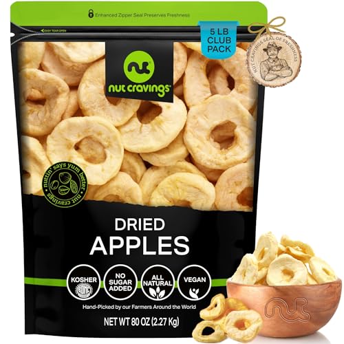 NUT CRAVINGS Dry Fruits - Dried Apple Rings Slices, No Sugar Added - Chewy Soft Texture (80oz - 5 LB) Packed Fresh in Resealable Bag - Sweet Snack, Healthy Food, All Natural, Vegan, Kosher Certified NUT CRAVINGS Dry Fruits - Dried Apple Rings Slices, No Sugar Added - Chewy Soft Texture (80oz - 5 LB) Packed Fresh in Resealable Bag - Sweet Snack, Healthy Food, All Natural, Vegan, Kosher Certified