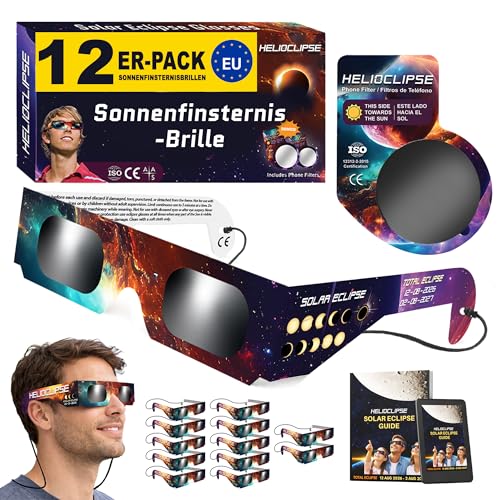 Helioclipse 12x Sonnenfinsternis Brille ISO 12312-2 Zertifiziert 2026 - Brillen Sonnenfinsternis - Schutzbrille für Sonnenfinsternis - Solar Eclipse Glasses - inkl. 2x Smartphone-Filter