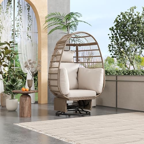 TREXM Outdoor Swivel Chair with Cushions, Rattan Egg Patio Chair with Rocking Function for Balcony, Poolside and Garden (Natural Wicker + Beige Cushion)
