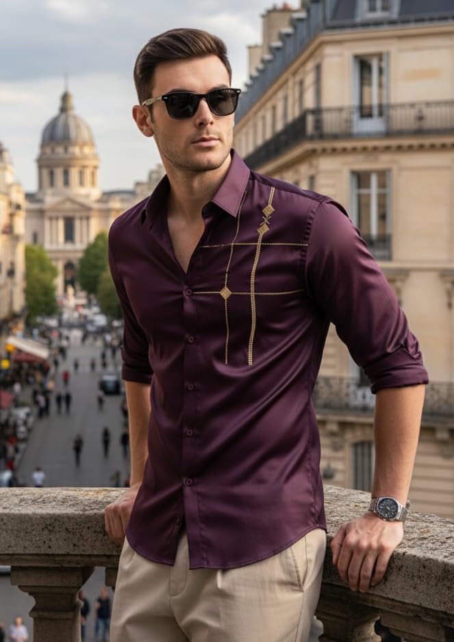 Image of IndoPrimo Men's Premium Satin Shirt for Party, Formal and Casual Wear - Stylish Designer Full Sleeve Shirt for Men