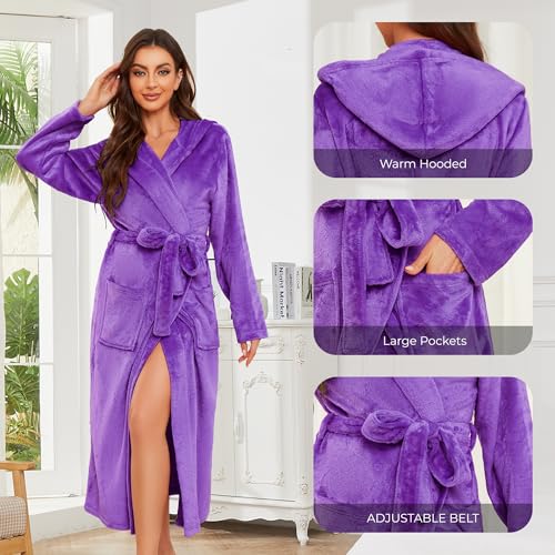 Image of Womens Long Hooded Fleece Robe, Soft Warm Spa Bathrobe for Cozy Lightweight Loungewear