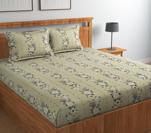 Image of Jashan Premium Cotton Elastic Fitted Bedsheets with 2 King Size Pillow Covers | Double Bed with All Around Elastic 220 TC Supersoft |Size-72 King Sizex78+10 inches | Leaf Print, Beige & Green