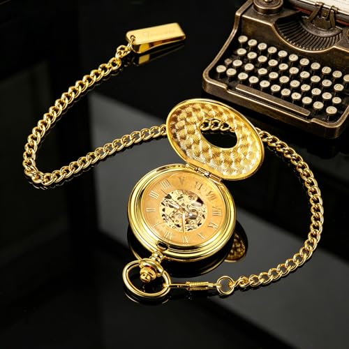 Image of TREEWETO Men's Mechanical Skeleton Pocket Watch for Mens Women Blue Roman Numerals Dial Double Case Pocket Watches