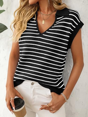 Mulisky Sweater Vest for Women Summer V Neck Sleeveless Knit Stripe Pullover Top2