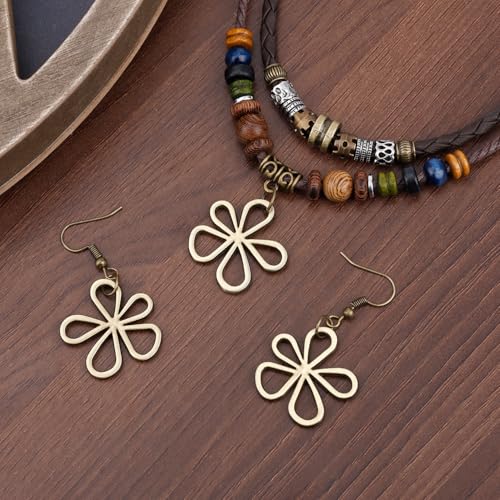 Multi-Layer Wood Bead Necklace with Hollow Flower Earrings, Boho Hippie Necklaces Unisex Bohemian Jewelry for Men Women3