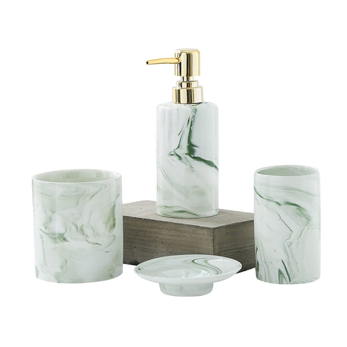 KEFFOR Marble Bathroom Accessories Set | Ceramic Bathroom Complete Set with Soap Dish Lotion Cup Toilet Brush Holder for Bathroom Vanity Sink and Dressing Table Decoration (Green and Gray)