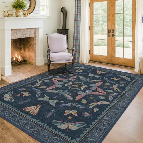 5x7 Navy Blue Boho Rugs for Living Room, Stain Resistant Non Slip Area Rug for Dining Room, Whimsical Bedroom Insect Carpet, Dark Vintage Décor Indoo