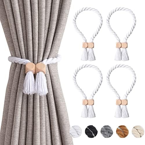 Pretty Jolly 2 Pack Wooden Ball Magnetic Curtain Tiebacks Boho Home Decor Drape Tie Backs Natural Cotton Hand Woven Rope Curtain Holdbacks for Thin & Thick Home & Office Window Draperies (Black)