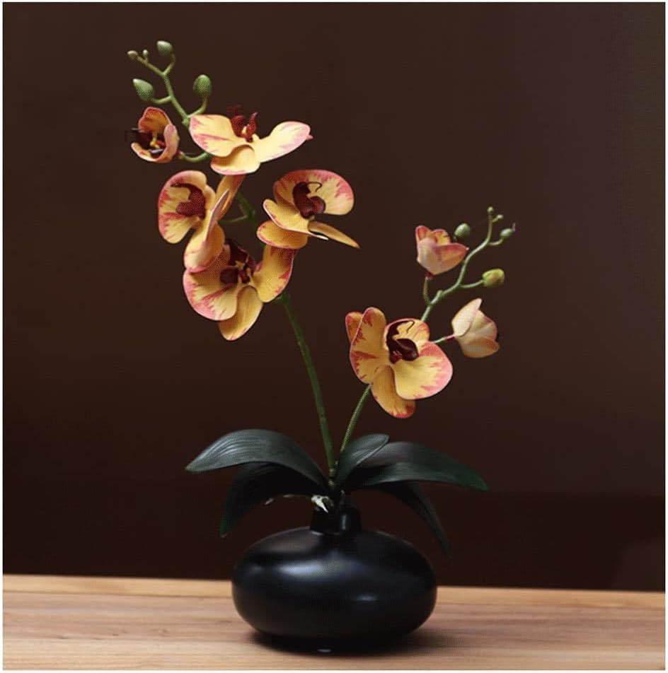 Artificial Orchid with Vase Orchid Artificial Flowers Real Touch Latex Faux Phalaenopsis Fake Flowers for Crafts Decoration (Color : Black Bottle+Yellow)