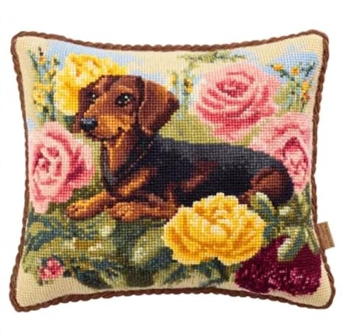 FanZheZhe 11CT Stamped Embroidery Pillowcases Flower Dog Cross Stitch Cushion Cover,Embroidery Kit,Needlepoint Kits for Adults Beginners,45x45cm