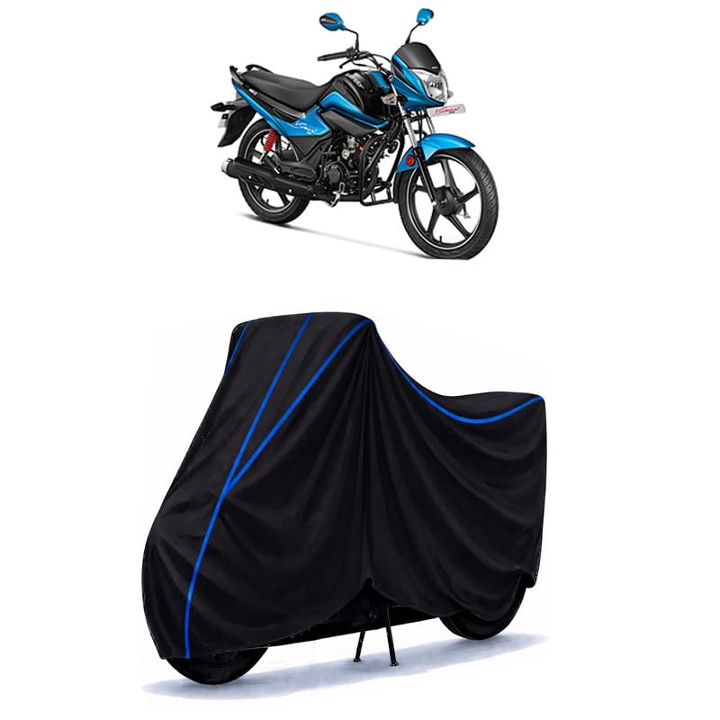 Image of Hero Splendor iSmart New Bike Cover Water Resistant Universal Motorcycle Rain | Heavy Duty UV Protection, Dust, Scratch Indoor Outdoor All Weather with Black Blue Piping Elastic