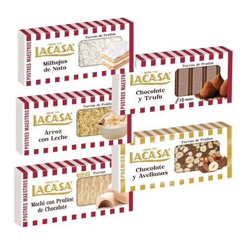 Pack Surtido 5 Turrones Lacasa:Arroz con Leche, Chocolate y Avellanas, Cacao y Trufa, Milhojas de Nata, Mochi con Praliné de Chocolate