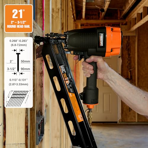 Image of Freeman Pneumatic 21 Degree Framing Nailer with Nails | 2 inch - 3-1 /2 inch Full Round Head Nails | Anti-Dry-Fire, Dual Trigger, Depth Adjust, and Comfort Grip | PFR2190NQ