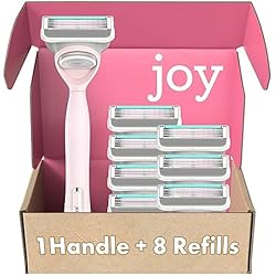 joy Razors for Women, 1 Handle, 8 Razor Blade Refills, Pink, Lubrastrip to Help Avoid Skin Irritation